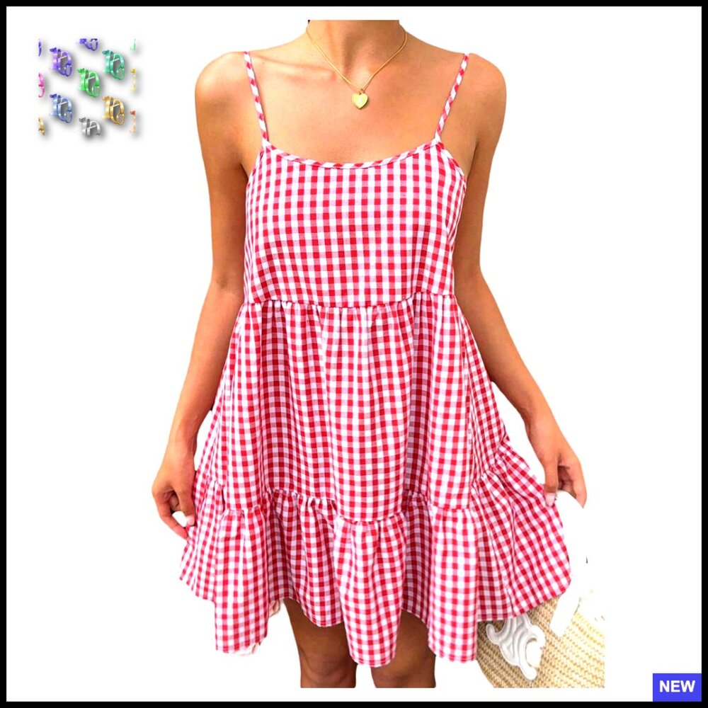 Backless Spaghetti Strap Gingham Mini Dress Loose Ruffle Summer Vacation Chic